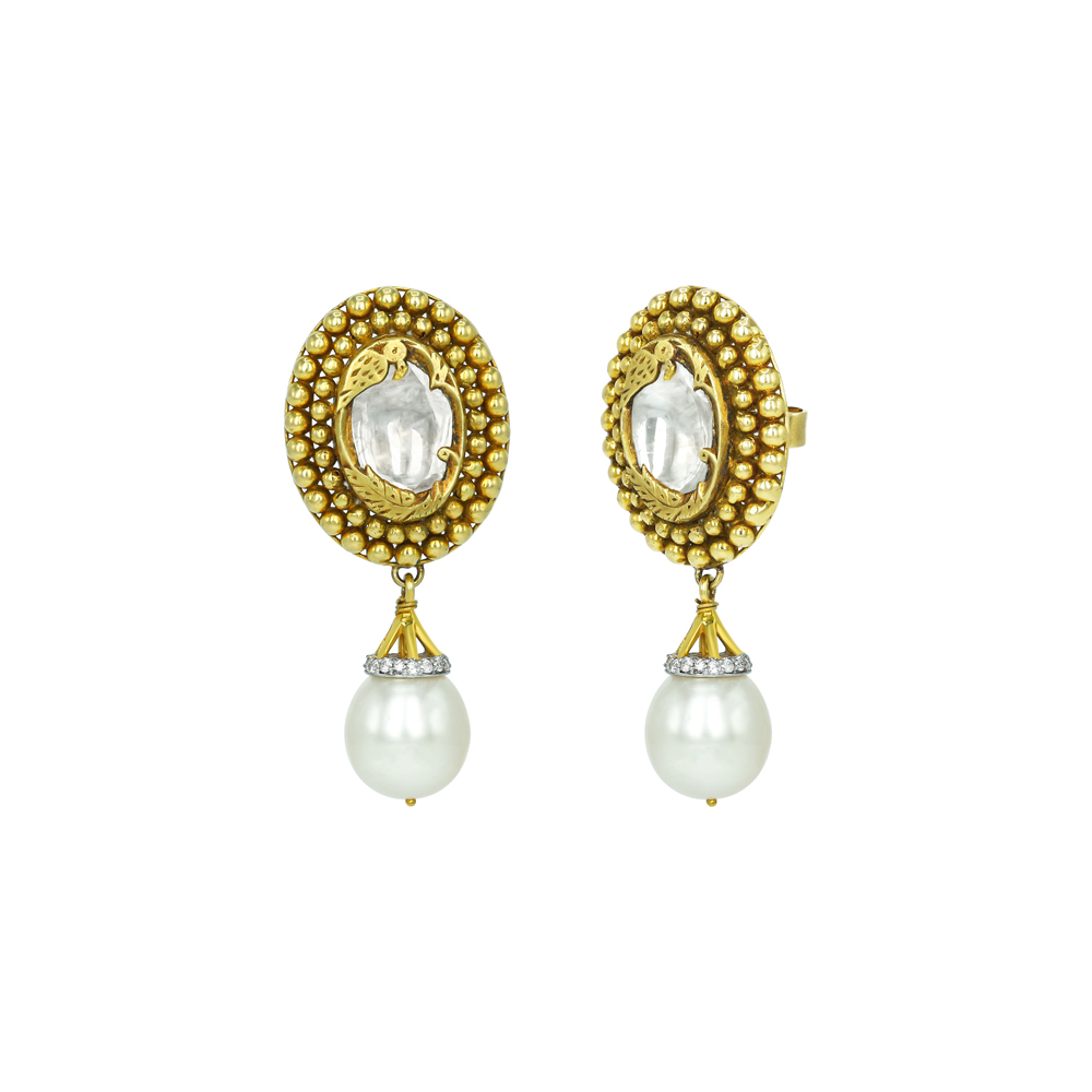 Polki Earrings with Gold Beads and Pearl Drops